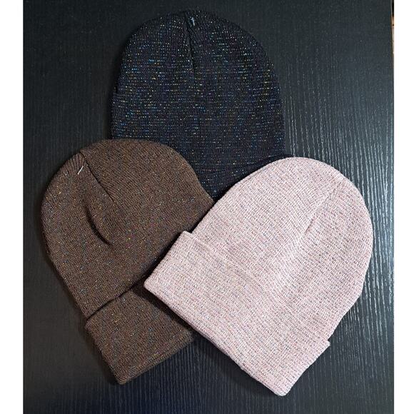 3 Winter Knit Toboggan Beanie Hats Solid Color With Rainbow Sparkle Threads OSFM - Picture 2 of 12